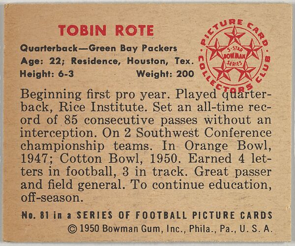 Card Number 81, Tobin Rote, Quarterback, Green Bay Packers, from the Bowman Football series (R407-2) issued by Bowman Gum, Issued by Bowman Gum Company, Commercial color lithograph