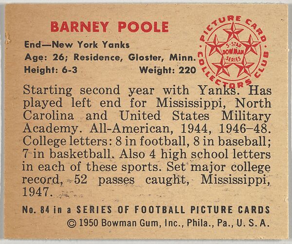 Card Number 84, Barney Poole, End, New York Yanks, from the Bowman Football series (R407-2) issued by Bowman Gum, Issued by Bowman Gum Company, Commercial color lithograph