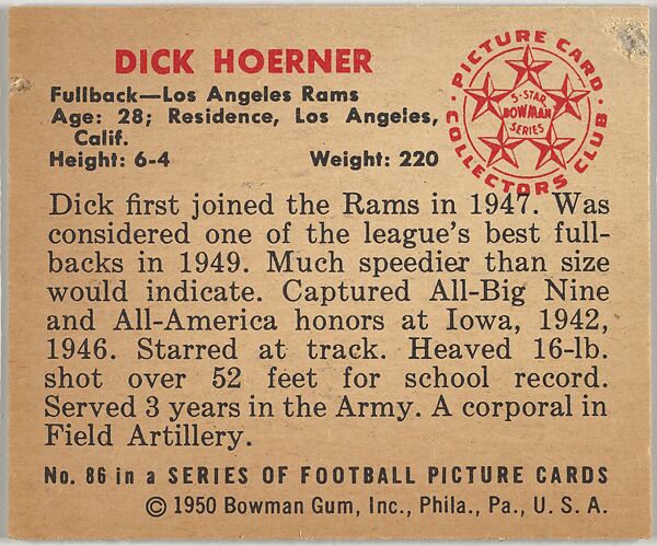 Card Number 86, Dick Hoerner, Fullback, Los Angeles Rams, from the Bowman Football series (R407-2) issued by Bowman Gum, Issued by Bowman Gum Company, Commercial color lithograph