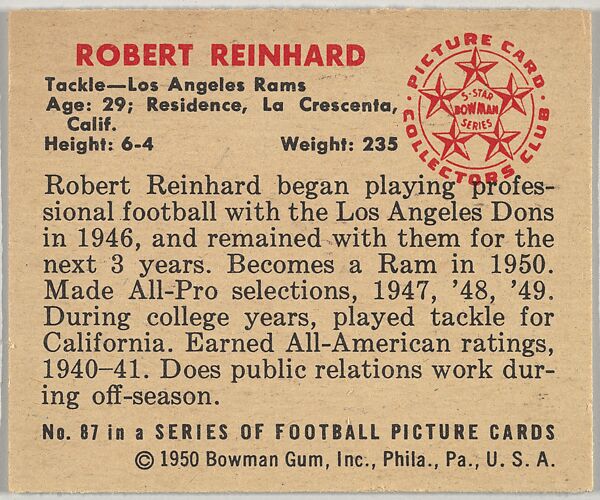Card Number 87, Robert Reinhard, Tackle, Los Angeles Rams, from the Bowman Football series (R407-2) issued by Bowman Gum, Issued by Bowman Gum Company, Commercial color lithograph