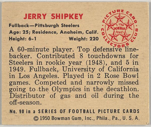 Card Number 90, Jerry Shipkey, Fullback, Pittsburg Steelers, from the Bowman Football series (R407-2) issued by Bowman Gum, Issued by Bowman Gum Company, Commercial color lithograph