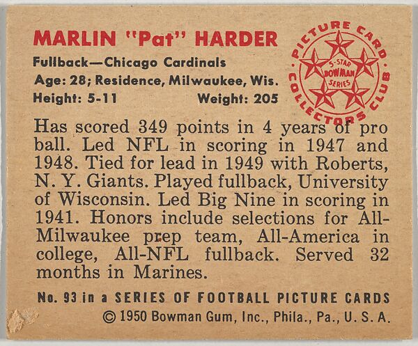 Card Number 93, Marlin "Pat" Harder, Fullback, Chicago Cardinals, from the Bowman Football series (R407-2) issued by Bowman Gum, Issued by Bowman Gum Company, Commercial color lithograph