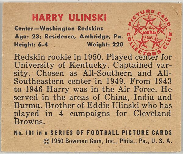Card Number 101, Harry Ulinski, Center, Washington Redskins, from the Bowman Football series (R407-2) issued by Bowman Gum, Issued by Bowman Gum Company, Commercial color lithograph
