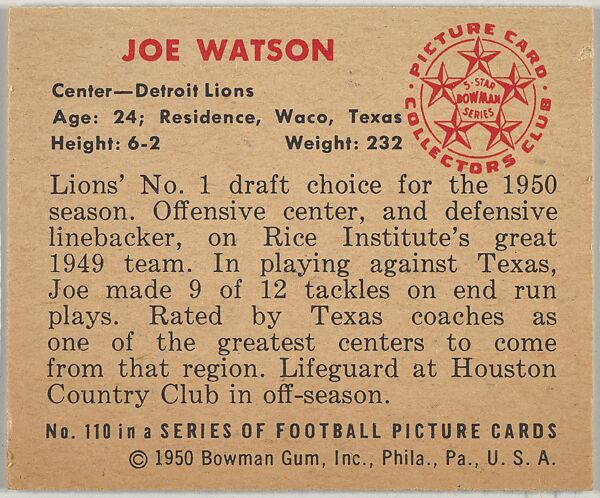 Card Number 110, Joe Watson, Center, Detroit Lions, from the Bowman Football series (R407-2) issued by Bowman Gum, Issued by Bowman Gum Company, Commercial color lithograph
