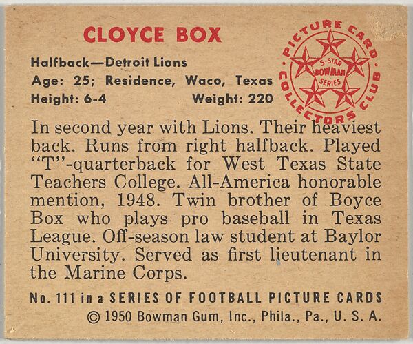 Card Number 111, Cloyce Box, Halfback, Detroit Lions, from the Bowman Football series (R407-2) issued by Bowman Gum, Issued by Bowman Gum Company, Commercial color lithograph