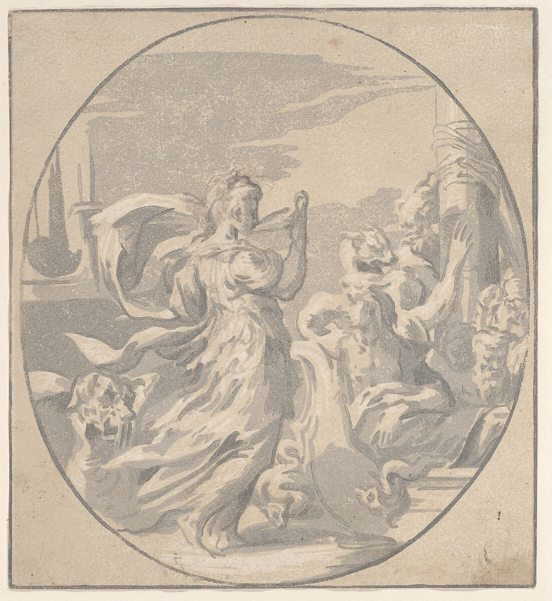 Circe drinking from a cup, an oval composition, Niccolò Vicentino (Italian, active ca. 1510–ca. 1550), Chiaroscuro woodcut from two blocks in gray, state one of two 