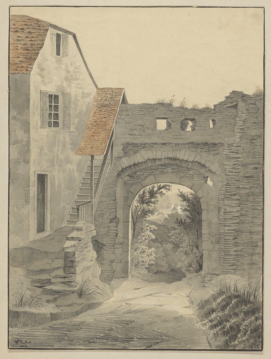 Entryway to Schloss Epstein, W. Becker (German, active 19th century), Watercolor over graphite 