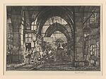 View of an arched arcade with shops, possibly Morocco, Louis Moralez (20th Century), Etching 