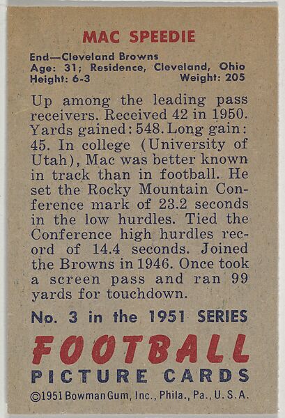 Card Number 3, Mac Speedie, End, Cleveland Browns, from the Bowman Football series (R407-3) issued by Bowman Gum, Issued by Bowman Gum Company, Commercial color lithograph
