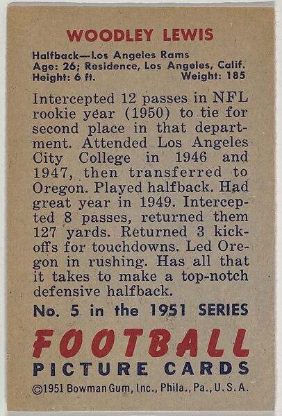 Card Number 5, Woodley Lewis, Halfback, Los Angeles Rams, from the Bowman Football series (R407-3) issued by Bowman Gum, Issued by Bowman Gum Company, Commercial color lithograph