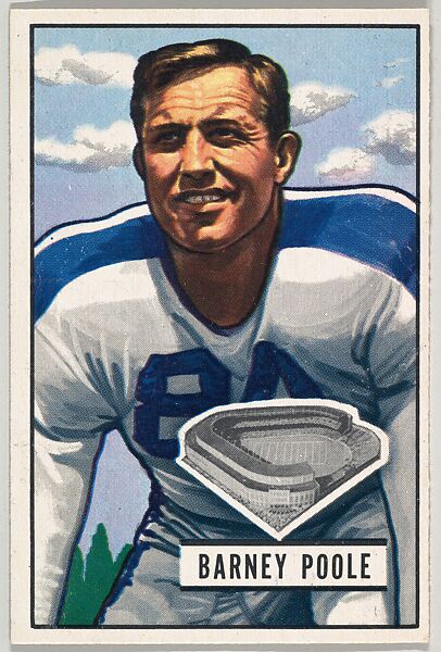 Card Number 9, Barney Poole, End, New York Yanks, from the Bowman Football series (R407-3) issued by Bowman Gum, Issued by Bowman Gum Company, Commercial color lithograph 