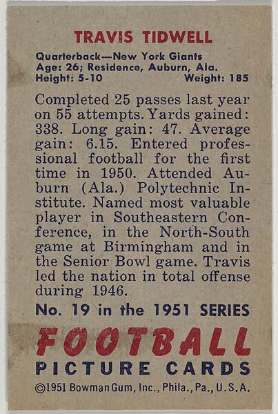 Card Number 19, Travis Tidwell, Quarterback, New York Giants, from the Bowman Football series (R407-3) issued by Bowman Gum, Issued by Bowman Gum Company, Commercial color lithograph