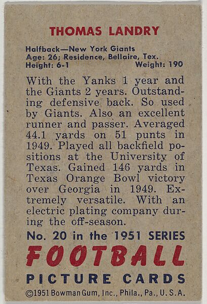 Card Number 20, Thomas Landry, Halfback, New York Giants, from the Bowman Football series (R407-3) issued by Bowman Gum, Issued by Bowman Gum Company, Commercial color lithograph