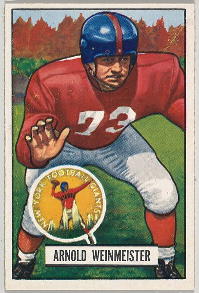 Card Number 21, Arnold Weinmeister, Tackle, New York Giants, from the Bowman Football series (R407-3) issued by Bowman Gum, Issued by Bowman Gum Company, Commercial color lithograph 