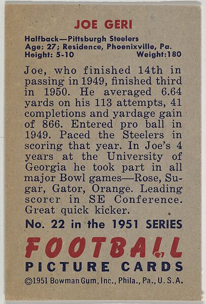 Card Number 22, Joe Geri, Halfback, Pittsburgh Steelers, from the Bowman Football series (R407-3) issued by Bowman Gum, Issued by Bowman Gum Company, Commercial color lithograph
