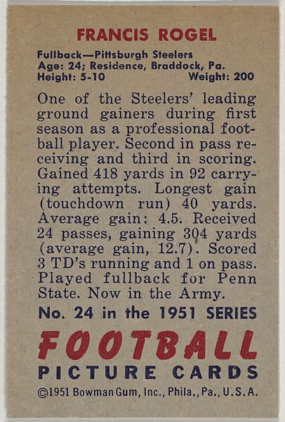 Card Number 24, Francis Rogel, Fullback, Pittsburgh Steelers, from the Bowman Football series (R407-3) issued by Bowman Gum, Issued by Bowman Gum Company, Commercial color lithograph