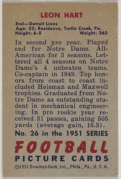 Card Number 26, Leon Hart, Fullback, Detroit Lions, from the Bowman Football series (R407-3) issued by Bowman Gum, Issued by Bowman Gum Company, Commercial color lithograph