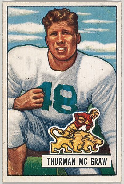 Card Number 27, Thurman McGraw, Tackle, Detroit Lions, from the Bowman Football series (R407-3) issued by Bowman Gum, Issued by Bowman Gum Company, Commercial color lithograph 