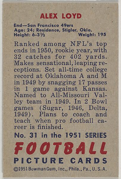Card Number 31, Alex Lyod, End, San Francisco 49ers, from the Bowman Football series (R407-3) issued by Bowman Gum, Issued by Bowman Gum Company, Commercial color lithograph