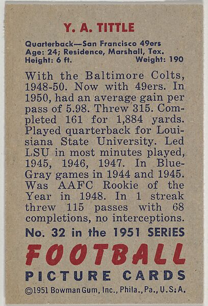 Card Number 32, Y. A. Tittle, Quarterback, San Francisco 49ers, from the Bowman Football series (R407-3) issued by Bowman Gum, Issued by Bowman Gum Company, Commercial color lithograph