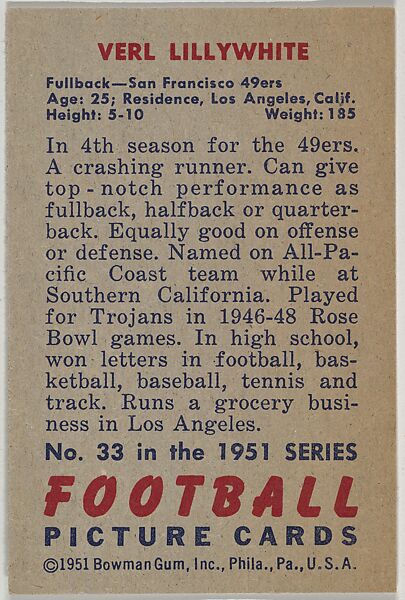 Card Number 33, Verl Lillywhite, Fullback, San Francisco 49ers, from the Bowman Football series (R407-3) issued by Bowman Gum, Issued by Bowman Gum Company, Commercial color lithograph