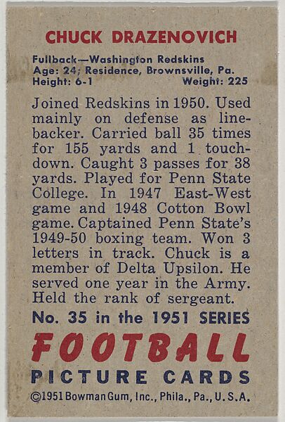 Card Number 35, Chuck Drazenovich, Fullback, Washington Redskins, from the Bowman Football series (R407-3) issued by Bowman Gum, Issued by Bowman Gum Company, Commercial color lithograph