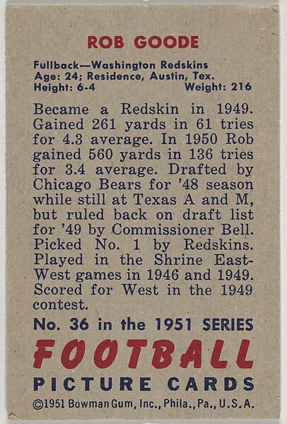 Card Number 36, Rob Goode, Fullback, Washington Redskins, from the Bowman Football series (R407-3) issued by Bowman Gum, Issued by Bowman Gum Company, Commercial color lithograph