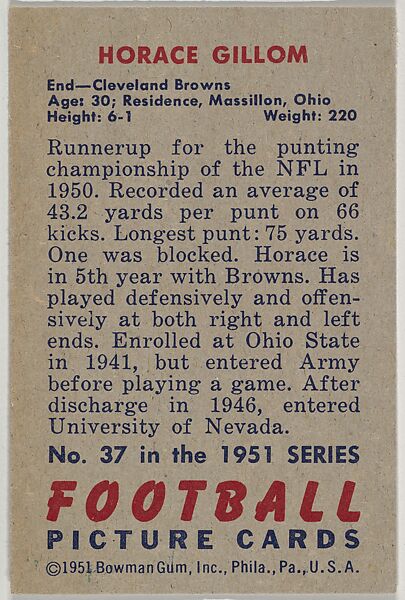 Card Number 37, Horace Gillom, End, Cleveland Browns, from the Bowman Football series (R407-3) issued by Bowman Gum, Issued by Bowman Gum Company, Commercial color lithograph