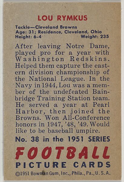 Card Number 38, Lou Rymkus, Tackle, from the Bowman Football series (R407-3) issued by Bowman Gum, Issued by Bowman Gum Company, Commercial color lithograph
