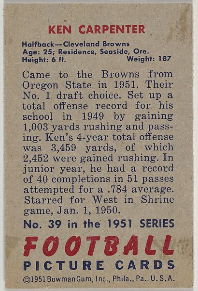 Card Number 39, Ken Carpenter, Halfback, Cleveland Browns, from the Bowman Football series (R407-3) issued by Bowman Gum, Issued by Bowman Gum Company, Commercial color lithograph