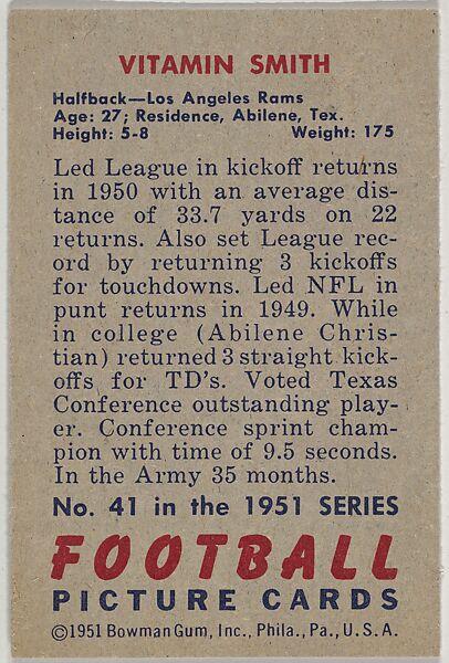 Card Number 41, Vitamin Smith, Halfback, Los Angeles Rams, from the Bowman Football series (R407-3) issued by Bowman Gum, Issued by Bowman Gum Company, Commercial color lithograph
