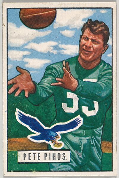 Card Number 46, Pete Pihos, End, Philadelphia Eagles, from the Bowman Football series (R407-3) issued by Bowman Gum, Issued by Bowman Gum Company, Commercial color lithograph 