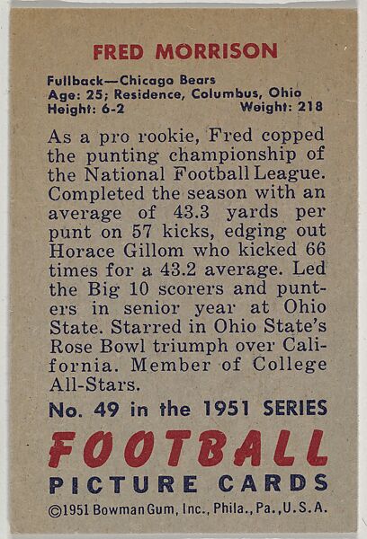 Card Number 49, Fred Morrison, Halfback, Chicago Bears, from the Bowman Football series (R407-3) issued by Bowman Gum, Issued by Bowman Gum Company, Commercial color lithograph
