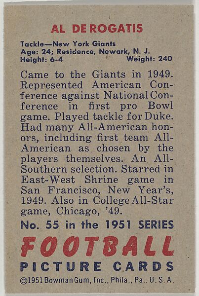Card Number 55, Al DeRogatis, Tackle, New York Giants, from the Bowman Football series (R407-3) issued by Bowman Gum, Issued by Bowman Gum Company, Commercial color lithograph