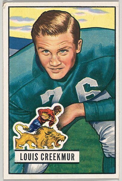 Card Number 62, Louis Creekmur, Tackle, Detroit Lions, from the Bowman Football series (R407-3) issued by Bowman Gum, Issued by Bowman Gum Company, Commercial color lithograph 