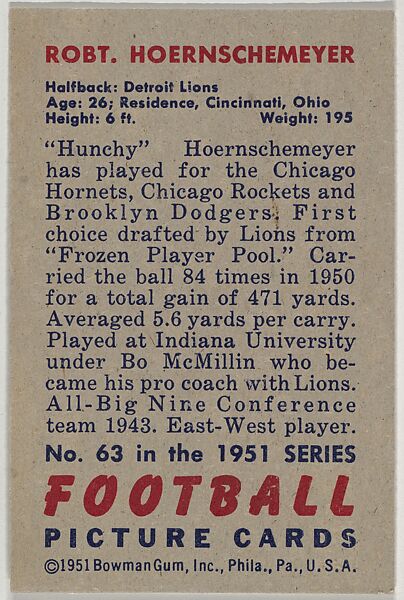 Card Number 63, Robert Hoernschemeyer, Halfback, Detroit Lions, from the Bowman Football series (R407-3) issued by Bowman Gum, Issued by Bowman Gum Company, Commercial color lithograph