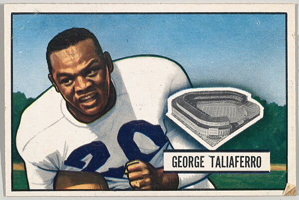 Card Number 8, George Taliaferro, Halfback, New York Yanks, from the Bowman Football series (R407-3) issued by Bowman Gum, Issued by Bowman Gum Company, Commercial color lithograph 