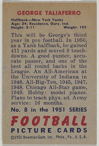 Card Number 8, George Taliaferro, Halfback, New York Yanks, from the Bowman Football series (R407-3) issued by Bowman Gum, Issued by Bowman Gum Company, Commercial color lithograph