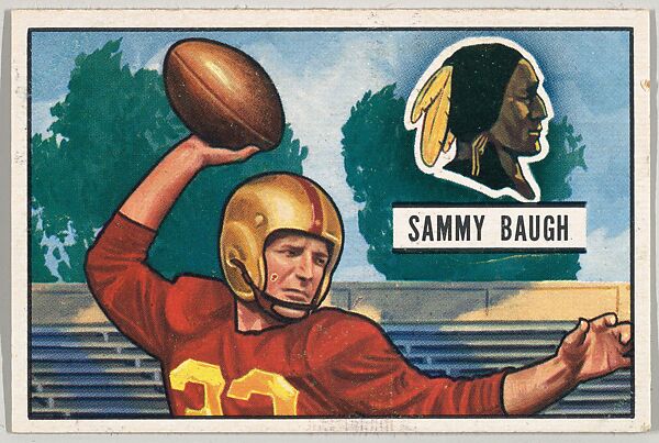 Card Number 34, Sammy Baugh, Quarterback, Washington Redskins, from the Bowman Football series (R407-3) issued by Bowman Gum, Issued by Bowman Gum Company, Commercial color lithograph 