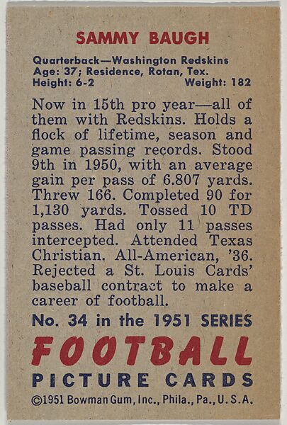 Card Number 34, Sammy Baugh, Quarterback, Washington Redskins, from the Bowman Football series (R407-3) issued by Bowman Gum, Issued by Bowman Gum Company, Commercial color lithograph