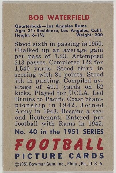 Card Number 40, Bob Waterfield, Quarterback, Los Angeles Rams, from the Bowman Football series (R407-3) issued by Bowman Gum, Issued by Bowman Gum Company, Commercial color lithograph