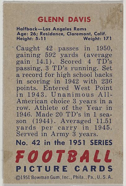 Card Number 42, Glenn Davis, Halfback, Los Angeles Rams, from the Bowman Football series (R407-3) issued by Bowman Gum, Issued by Bowman Gum Company, Commercial color lithograph
