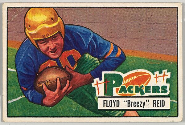Card Number 52, Floyd "Breezy" Reid, Halfback, Green Bay Packers, from the Bowman Football series (R407-3) issued by Bowman Gum, Issued by Bowman Gum Company, Commercial color lithograph 
