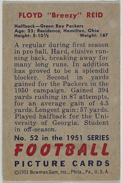 Card Number 52, Floyd "Breezy" Reid, Halfback, Green Bay Packers, from the Bowman Football series (R407-3) issued by Bowman Gum, Issued by Bowman Gum Company, Commercial color lithograph