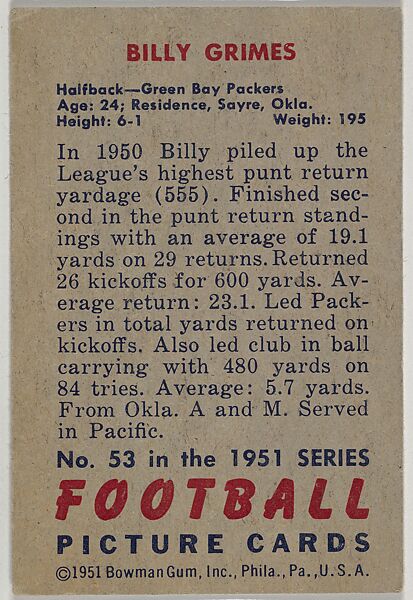 Card Number 53, Billy Grimes, Halfback, Green Bay Packers, from the Bowman Football series (R407-3) issued by Bowman Gum, Issued by Bowman Gum Company, Commercial color lithograph