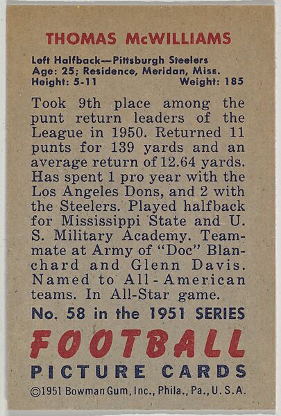 Card Number 58, Thomas McWilliams, Left Halfback, Pittsburgh Steelers, from the Bowman Football series (R407-3) issued by Bowman Gum, Issued by Bowman Gum Company, Commercial color lithograph