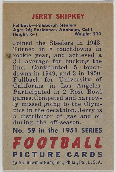 Card Number 59, Jerry Shipkey, Fullback, Pittsburgh Steelers, from the Bowman Football series (R407-3) issued by Bowman Gum, Issued by Bowman Gum Company, Commercial color lithograph