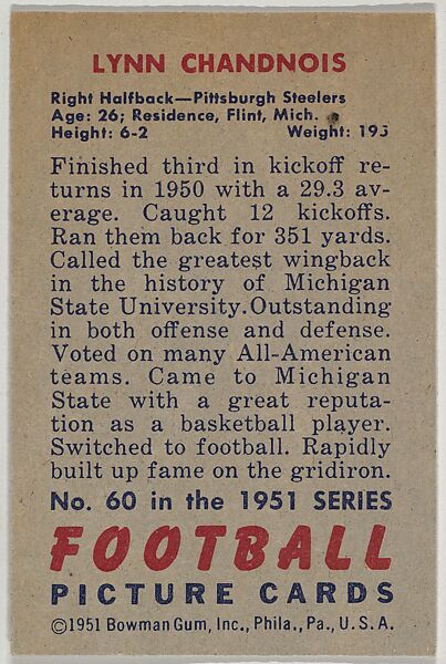 Card Number 60, Lynn Chandnois, Right Halfback, Pittsburgh Steelers, from the Bowman Football series (R407-3) issued by Bowman Gum, Issued by Bowman Gum Company, Commercial color lithograph