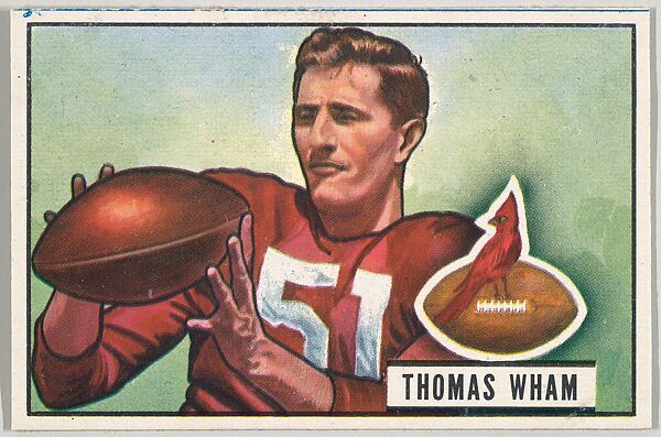 Card Number 64, Thomas Wham, End, Chicago Cardinals, from the Bowman Football series (R407-3) issued by Bowman Gum, Issued by Bowman Gum Company, Commercial color lithograph 