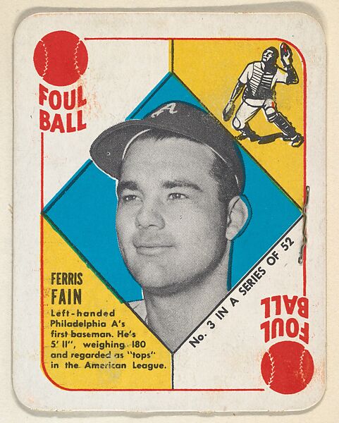 Card  Number 3, Ferris Fain, 1st Base, Philadelphia Athletics, from the Topps Red/ Blue Backs series (R414-5) issued by Topps Chewing Gum Company, Issued by Topps Chewing Gum Company (American, Brooklyn), Commercial color lithograph 